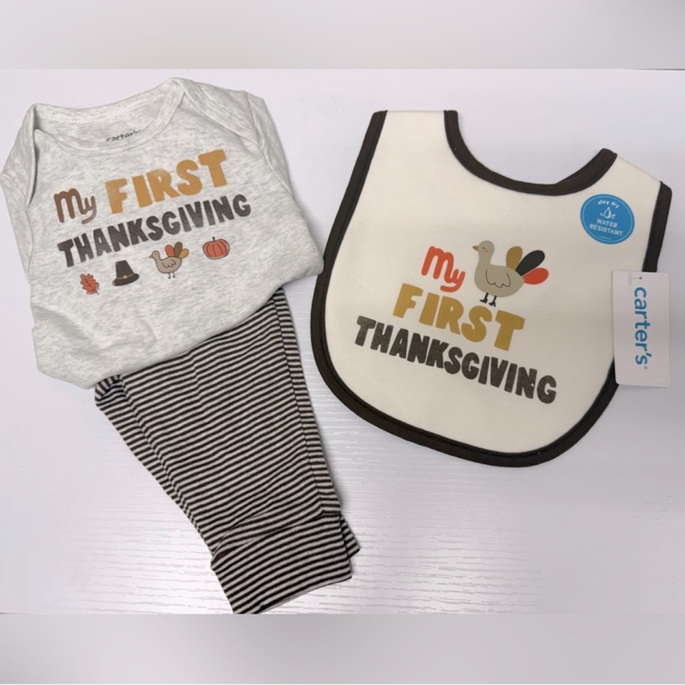 New! Carter's My First Thanksgiving 3-piece set, bodysuit, pants, & bib, 6 month - Picture 1 of 6